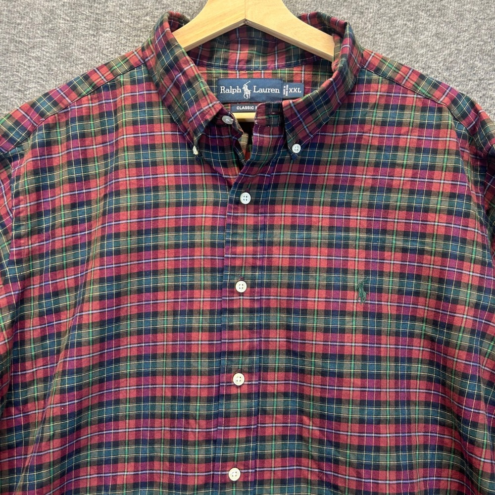Ralph Lauren Mens XXL Classic Fit Plaid Button Down Shirt Red Green Cotton